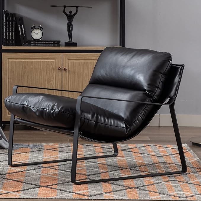 Mid-Century Accent Chair, Comfy PU Leather Side Chair with Armrest, Upholstered Leisure Chair with Black Metal Frame for Living Room Bedroom Reception Room, Black
