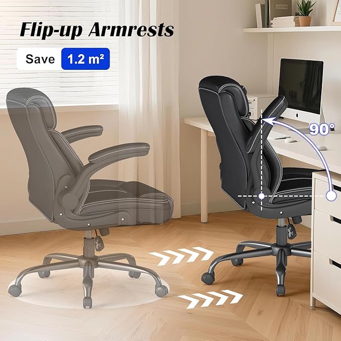 AnyGod Executive Leather Office Chair, Ergonomic Home Office Desk Chair with Flip-up Armrests, Lumbar Support, Adjustable Height, Mid-Back with Rocking Function for Executives
