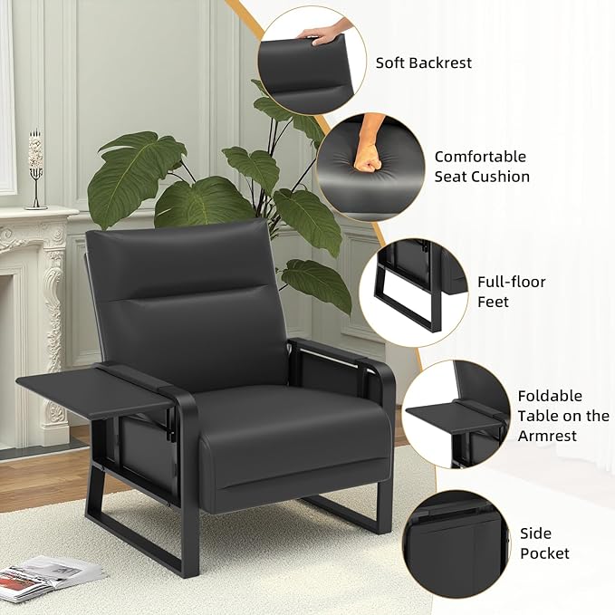 Faux Leather Accent Chairs Set of 2 with Flip Up Tray Tables Soft Backrest for Living Room Office Bedroom Modern Accent Chairs, Black