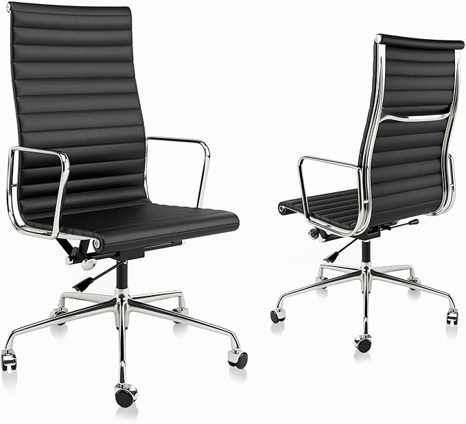 Ribbed Office Chair with Top Grain Leather - High Back Ergonomic Desk Chair with Aluminum Arms & Frame, Swivel Wheels & Tilt Function, Adjustable Height