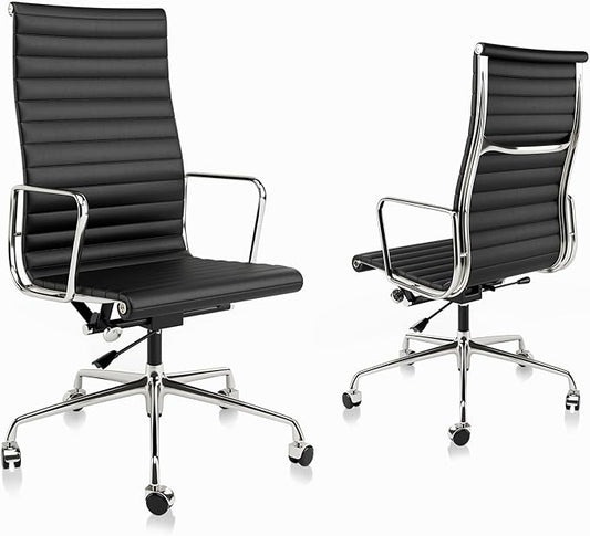 Ribbed Office Chair with Top Grain Leather - High Back Ergonomic Desk Chair with Aluminum Arms & Frame, Swivel Wheels & Tilt Function, Adjustable Height
