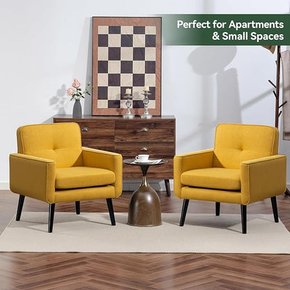 Mid Century Accent Chair, Fabric Modern Chair with Wooden Frame, Cozy Armchair Reading Chair with Comfy Back for Apartment, Living Room, Bedroom, Waiting Room, Small Space, Corner, Yellow
