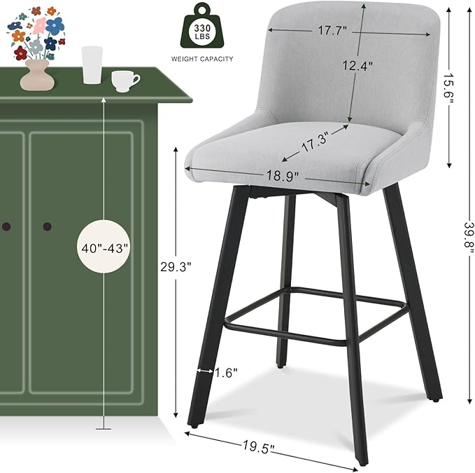 Swivel Bar Stools Set of 2, 30''H Upholstered Barstools with Backs, Modern Counter Height Bar Stool Chairs for Kitchen Island, Metal Legs, Fabric, Light Gray Counter Stools
