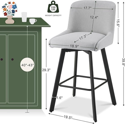 Swivel Bar Stools Set of 4, 30''H Upholstered Barstools with Backs, Modern Counter Height Bar Stool Chairs for Kitchen Island, Metal Legs, Fabric, Light Gray Counter Stools