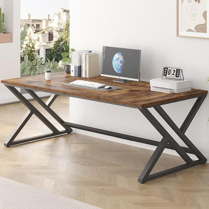LVB 78.7" Computer Desk, Industrial Extra Long Wood Home Office Desk, Large Rustic Modern Metal Workstation Pc Study Writing table, Dual monitor Double Work Executive Desk for Two Person, Rustic Brown