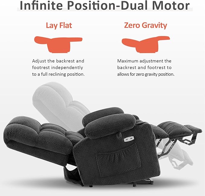 MCombo Dual Motor Large Power Lift Recliner Chair for Elderly, Lay Flat Lift Chair with Heat and Massage, Big Lift Recliner for Tall People, Cup Holders, Fabric 7896 (Large, Dark Gray)