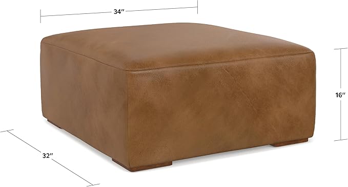 SIMPLIHOME Rex Ottoman in Full-Grain Genuine Leather, Caramel Brown, 34-inches Wide, Modern-Style Table Ottoman or Footrest, Assembled, for Living Room and Family Room