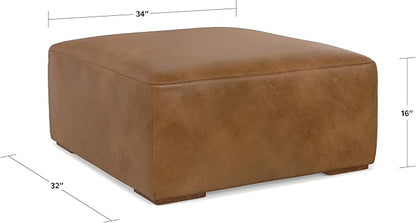 SIMPLIHOME Rex Ottoman in Full-Grain Genuine Leather, Caramel Brown, 34-inches Wide, Modern-Style Table Ottoman or Footrest, Assembled, for Living Room and Family Room