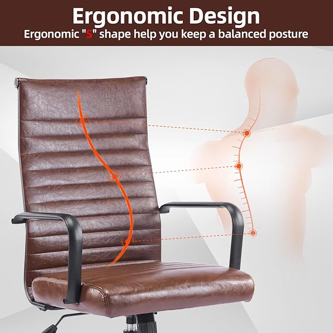 Office Chair, Ergonomic Executive Conference Room Chairs, Ribbed Leather Desk Chair with Lumbar Support, Adjustable Height Mid-Back Swivel Chair with Padded Seat