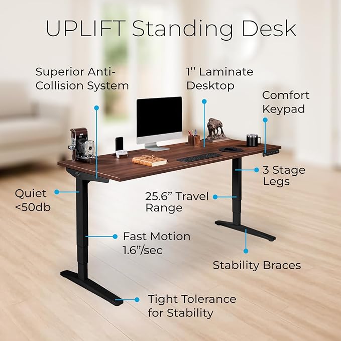 UPLIFTDESK V2 2-Leg Walnut Laminate Wood Standing Desk – Adjustable Height, Advanced 1-Touch Memory Keypad, Under Desk Cable Management, Wire Grommets & Rocker Board (Black C-Frame, 60 x 30 inch)