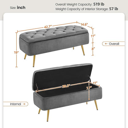 Yaheetech Ottoman with Storage, Velvet Entryway Bench with Safety Hinge, Upholstered Bench with Seating for Bedroom, Living Room, Holds up to 519 lb, Gray