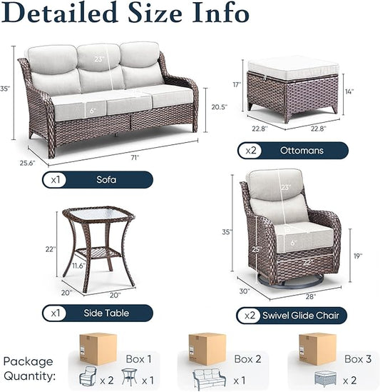 Belord Luxury 6" Thick Cushioned 6 Pieces Patio Furniture Set with Outdoor Couch, Wicker Outdoor Conversation Set with High Back Swivel Rocker Chairs for Deck Porch Yard and Poolside - Brown+Beige