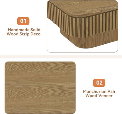 Lift Top Coffee Table for Living Room, Fluted Coffee Tables with Storage, Solid Wood Veneered Modern Accent Tea Center Table for Small Space Apartment (Natural-38.6''D×26.8''H)