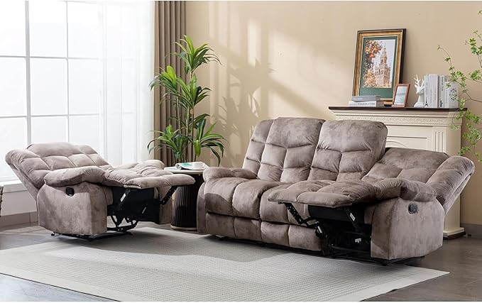 EBELLO Manual Recliner Couch Set, Soft Fabric Reclining Living Room Sofa Set, Includes Single Recliner Chair and 3PC Bonded Sofa, Light Brown