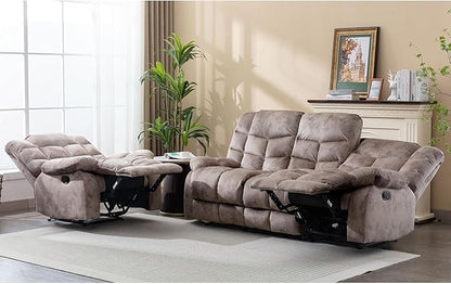 EBELLO Manual Recliner Couch Set, Soft Fabric Reclining Living Room Sofa Set, Includes Single Recliner Chair and 3PC Bonded Sofa, Light Brown