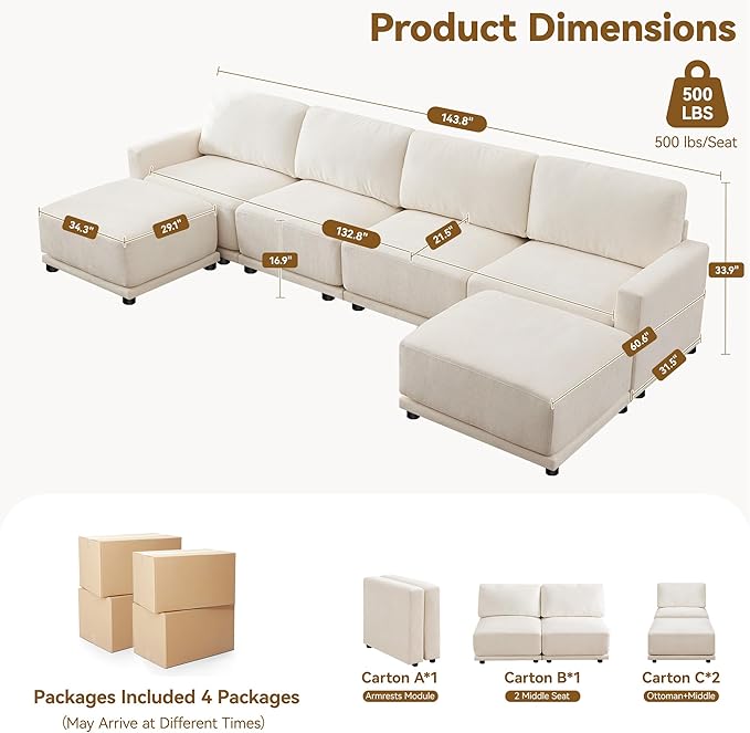 143.8" Modular Sectional Sofa Modern Chenille U-Shaped Couch with Thickened Seat Cushions, Easy Assembly, Upholstered 6 Seater Couch with 2 Movable Ottomans for Living Room, White