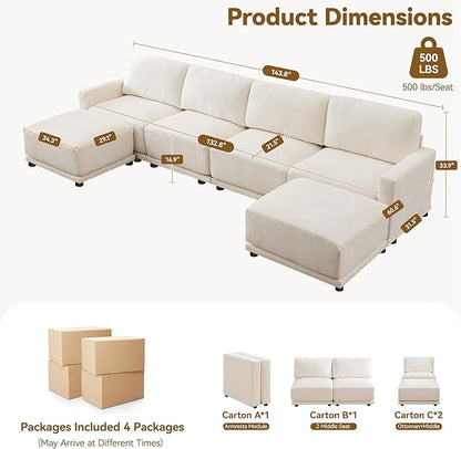 143.8" Modular Sectional Sofa Modern Chenille U-Shaped Couch with Thickened Seat Cushions, Easy Assembly, Upholstered 6 Seater Couch with 2 Movable Ottomans for Living Room, White