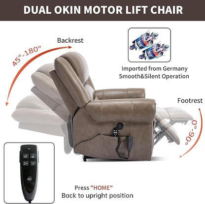 Luxlen Power Lift Recliner Chair for Elderly, Dual Motor Massage Recliner with Lumbar Heat, Heavy Duty Motion Mechanism Lift Chair with Charge Ports, Genuine Leather - Brown