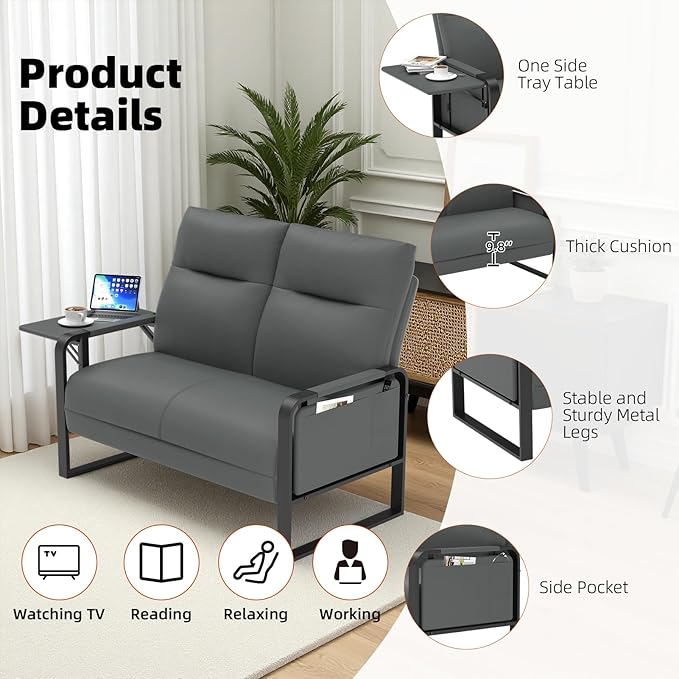 Faux Leather Loveseat, Upholstered Loveseat with Side Tray Table & Storage Pocket, Small Loveseat for Living Room, Modern 2 Seater Sofa Couch for Small Spaces, Bedroom, Gray