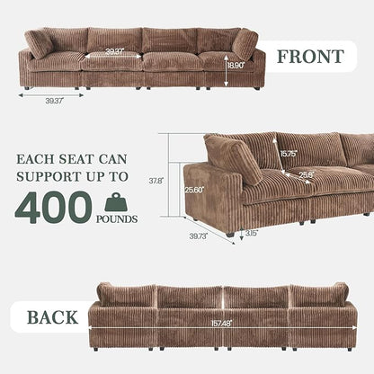 Modular Sectional Sofa, 157.48" Oversized Cloud Couch, 4 Deep Seat Comfy Modular for Living Room, Plush Cushion Covers Removable, Brown