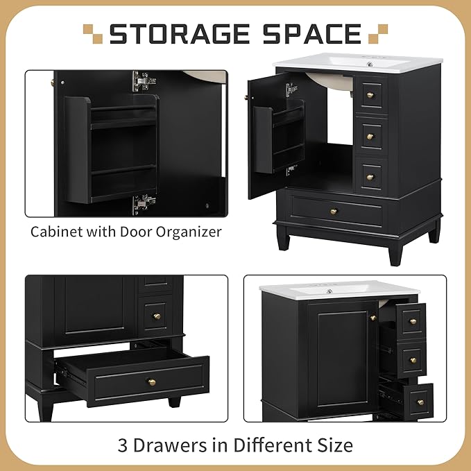 24 Inch Bathroom Vanity with Sink, Freestanding Bathroom Sink Cabinet with 3 Drawers and Storage Door Rack Organizer, Solid Wood Legs, Black
