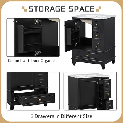 24 Inch Bathroom Vanity with Sink, Freestanding Bathroom Sink Cabinet with 3 Drawers and Storage Door Rack Organizer, Solid Wood Legs, Black