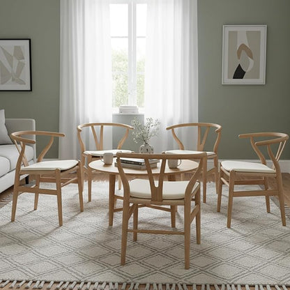 Tomile Wishbone Dining Chair with Arms, Modern Wood Chair Featuring a White PU Cushion on Woven Hemp Seat, Sturdy Wood and Y-Shaped Backrest, Fully Assembled for Kitchen & Dining (Ash Wood - Natural)