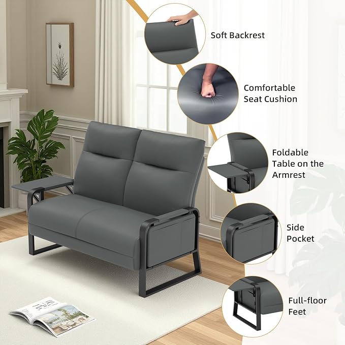 Faux Leather Loveseat Couch for Living Room Bedroom Office, Small Sofa 2 Seater Couch with Flip Up Tray Table Side Pockets Leather Loveseats, Gray
