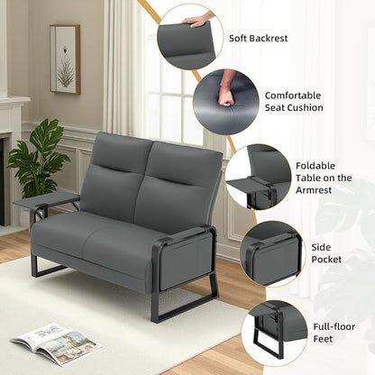 Faux Leather Loveseat Couch for Living Room Bedroom Office, Small Sofa 2 Seater Couch with Flip Up Tray Table Side Pockets Leather Loveseats, Gray