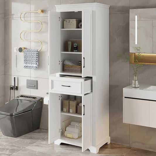 Tall Freestanding Storage Cabinet with 4 Doors & One Drawer, Multi-Purpose Organizer with Adjustable Shelf for Bathroom, Office, Living Room, White