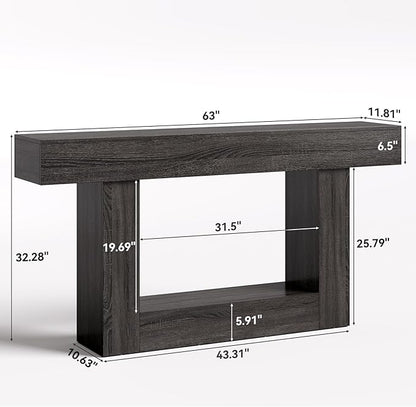 LITTLE TREE 63 Inches Long Console Table, 2-Tier Farmhouse Sofa Table Behind Couch, Large Narrow Entryway Table for Living Room, Wooden Hallway Foyer Table with Heavy Duty Base, Grey