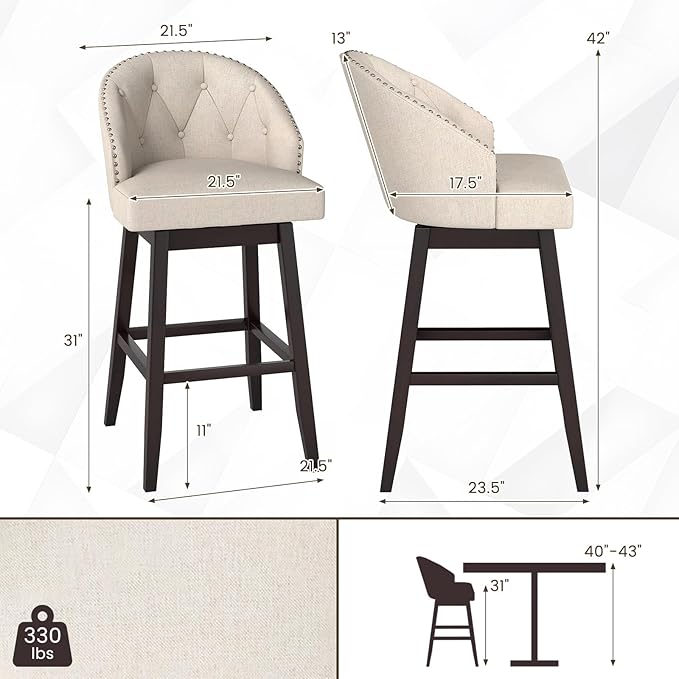 COSTWAY Bar Stools Set of 2, 31’’ Swivel Bar Stools with Rubber Wood Legs & Padded Back, Breathable Linen Fabric, Stylish Tufted Design & Rivet Decoration, Adjustable Foot Pads (2, Beige + Brown)