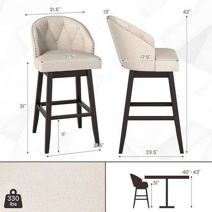 COSTWAY Bar Stools Set of 4, 31’’ Swivel Bar Stools with Rubber Wood Legs & Padded Back, Breathable Linen Fabric, Stylish Tufted Design & Rivet Decoration, Adjustable Foot Pads (4, Beige + Brown)