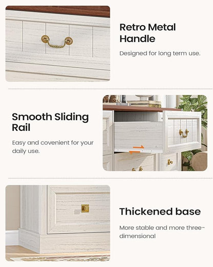 AOGLLATI Farmhouse 9 Drawers Dresser for Bedroom, 63" Wide Wood Rustic Chest of Drawers with Natural Texture, Vintage Design, Long Wide Storage Dresser for Bedroom, Antique White