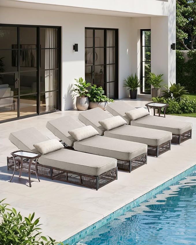 Luxury Outdoor Chaise Lounge Chairs of 4 with 5 Inch Thick Cushions and Side Table - 6 PCS High Back Brown Wicker Rattan Patio Recliners Lounger Furniture Set for Poolside Sunbathing - Beige