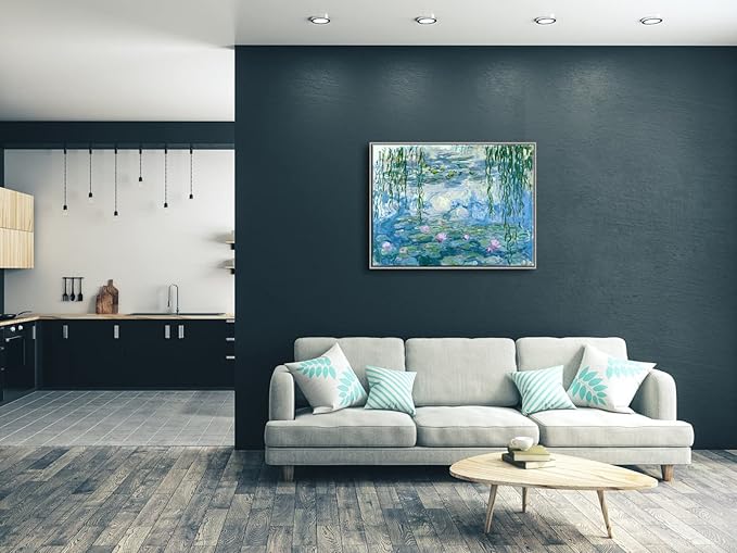 Wieco Art Large Framed Wall Art Water Lilies by Claude Monet Canvas Print Paintings Reproduction Modern Canvas Wall Art for Living Room Decoration Abstract Artwork Silver Frame