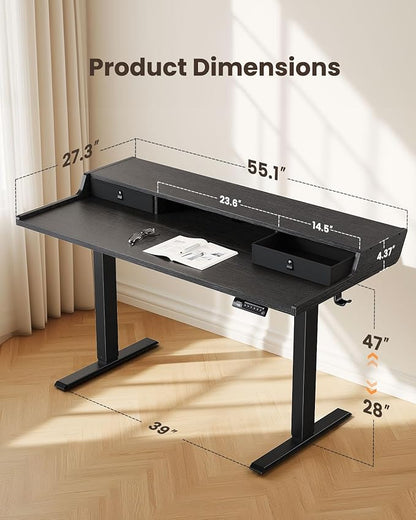 ErGear Electric Standing Desk with Drawers, 55″ x 28″ Gaming Table Compatible Monitor Stand, Stand up Desks, Home Office Height-Adjustable Desk with Storage Shelf, 4 Preset Heights, Black