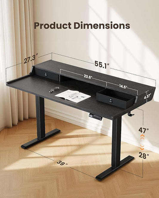 ErGear Electric Standing Desk with Drawers, 55″ x 28″ Gaming Table Compatible Monitor Stand, Stand up Desks, Home Office Height-Adjustable Desk with Storage Shelf, 4 Preset Heights, Black