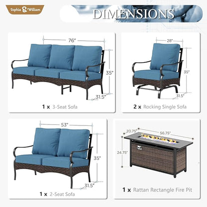 Sophia & William Patio Furniture Set with Fire Pit Table, 5 PCS Metal Outdoor Conversation Set with Fire Pit Table, 2 Sofa Chairs,1 Loveseat, 3-Seater Couch for Outdoor Seating, Backyard, Porch(Navy)
