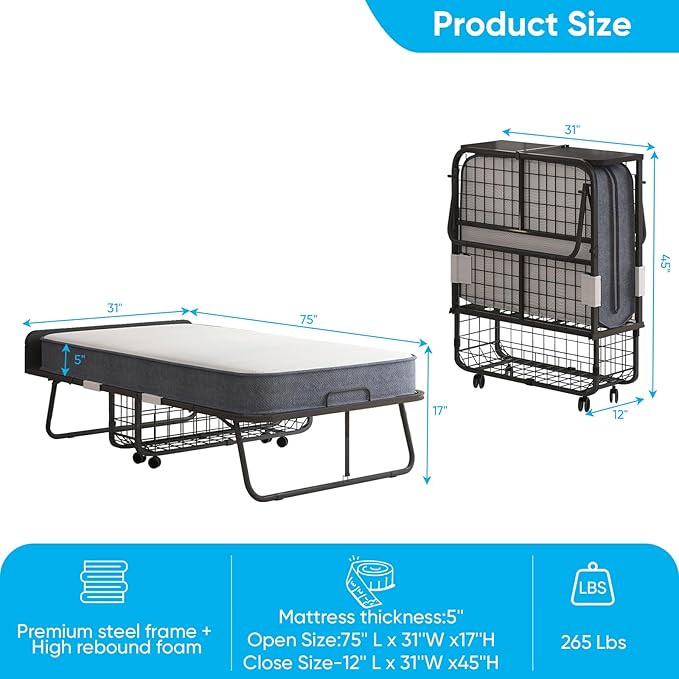 Mjkone Folding Bed with 5 Inch Foam Mattress, Single Rollaway Beds for Guest, Space Saving Portable Bed with Storage Shelf, Lockable Wheels, Sturdy Metal Frame for Adults, 75 x 31 (Upgraded)