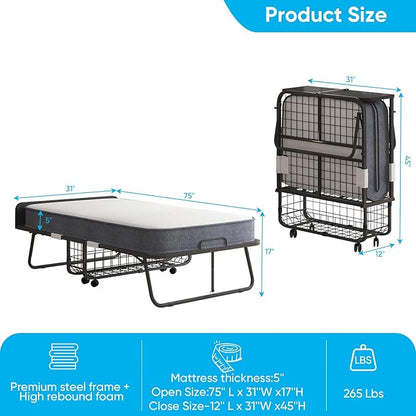 Mjkone Folding Bed with 5 Inch Foam Mattress, Single Rollaway Beds for Guest, Space Saving Portable Bed with Storage Shelf, Lockable Wheels, Sturdy Metal Frame for Adults, 75 x 31 (Upgraded)