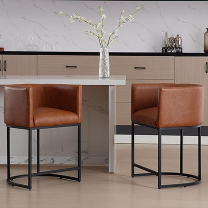 PU Leather Bar Stools Set of 2, Modern Upholstered Counter Height Bar stools 24" Leather Barstools Barrel Kitchen Counter Island Stools with Black Metal Base, Brown