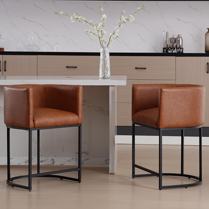 PU Leather Bar Stools Set of 3, Modern Upholstered Counter Height Bar stools 24" Leather Barstools Barrel Kitchen Counter Island Stools with Black Metal Base, Brown