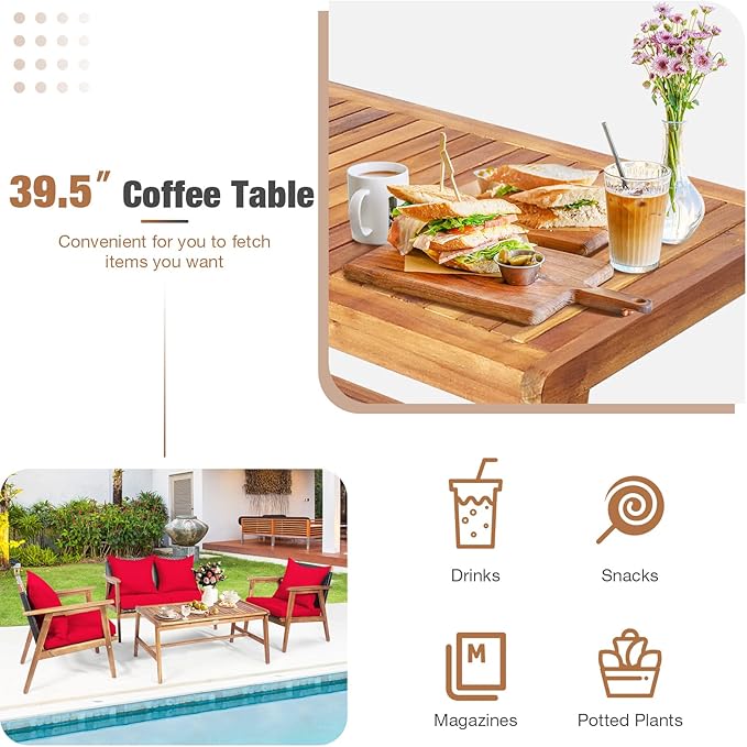 COSTWAY 4 Pieces Acacia Wood Patio Conversation Set, Outdoor Wicker Sofa with Coffee Table & Cushions, Patio Rattan Furniture Set for Yard, Porch, Poolside, Balcony, Backyard, Red