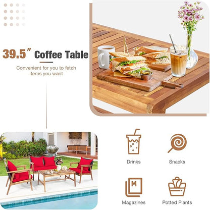 COSTWAY 4 Pieces Acacia Wood Patio Conversation Set, Outdoor Wicker Sofa with Coffee Table & Cushions, Patio Rattan Furniture Set for Yard, Porch, Poolside, Balcony, Backyard, Red
