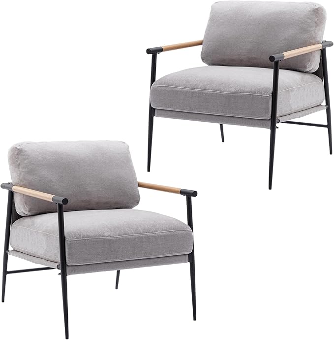 DUOMAY Mid-Century Modern Accent Chair Armchair Set of 2, Soft Linen Fabric Sofa Lounge Chair Reading Chair with Metal Leg for Living Room Bedroom Office, Grey