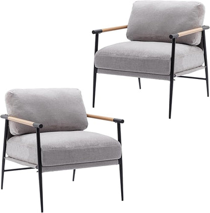 DUOMAY Mid-Century Modern Accent Chair Armchair Set of 2, Soft Linen Fabric Sofa Lounge Chair Reading Chair with Metal Leg for Living Room Bedroom Office, Grey