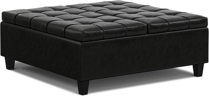 SIMPLIHOME Harrison Large Coffee Table Storage Ottoman - 40 inch Wide Upholstered Vegan Leather Square Lift-Top Ottoman in Midnight Black, Transitional Bench for Living Room with Sturdy Base