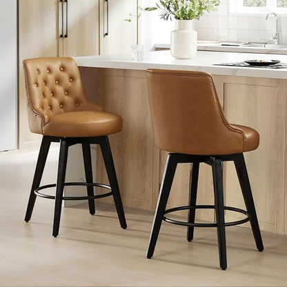 Watson & Whitely Modern Swivel Bar Stools, Faux Leather Upholstered Counter Height Bar Stools with Back, Solid Wood Legs, 26" H Seat, Set of 2, Cognac