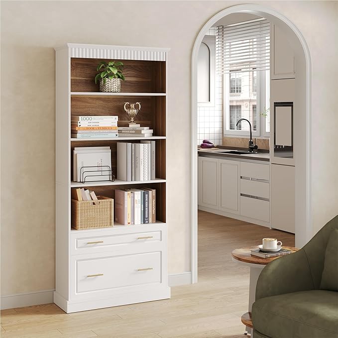 LITTLE TREE 72-Inch Tall White Bookcase, 5-Tier Wooden Open Display Bookshelf with 2 Drawers fits Letter, Legal, A4 Size, Modern Floor Standing Storage Organizer for Home Office & Living Room,Bedroom
